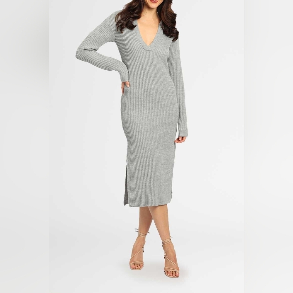 Staple The Label Ribbed Knit Gray Polo Sweater Dress Long V-Neck Size XL Office